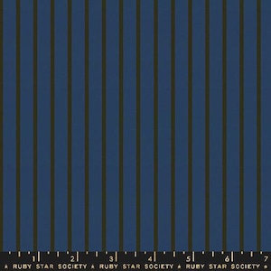 May include: Blue and olive green striped fabric. Vertical stripes alternate in color, creating a classic pattern. The fabric has a textured appearance, suitable for various sewing projects. The bottom of the image includes the text "RUBY STAR SOCIETY".