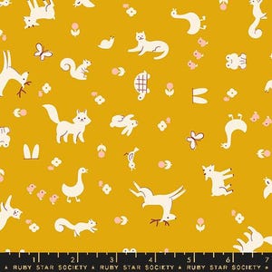 May include: A yellow fabric with a repeating pattern of white animal illustrations. The animals include a fox, a squirrel, a deer, a rabbit, a goose, a cat, a turtle, a butterfly, and a bird. The fabric has a subtle texture and a matte finish.