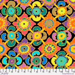 May include: A black background with a repeating pattern of colorful floral designs. The flowers are in shades of yellow, orange, pink, purple, blue, and green. The flowers are outlined in gold and have a geometric pattern.
