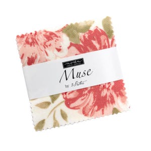 May include: A stack of fabric squares with a floral pattern in shades of red, pink, and green. The fabric is wrapped with a white band that reads "Muse" by 3 Sisters.
