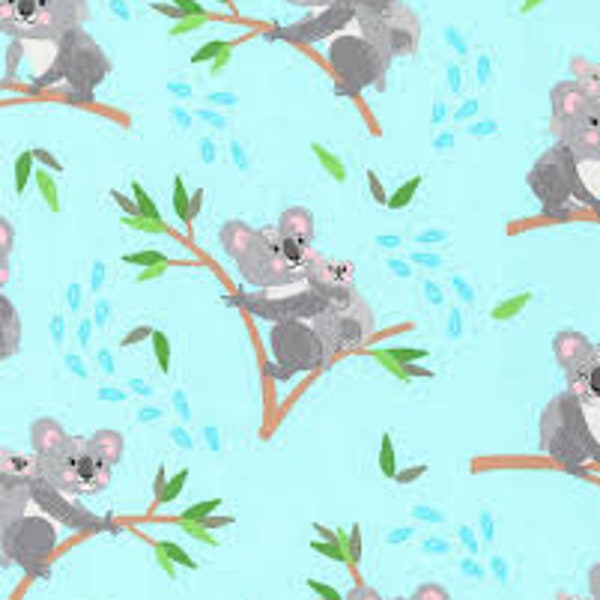 Various End of Bolt Cuts Flannel Aqua with Koala bears of Cuddly Crew Flannel Collection by Robert Kaufman fabrics, SRKF-19131-70 AQUA