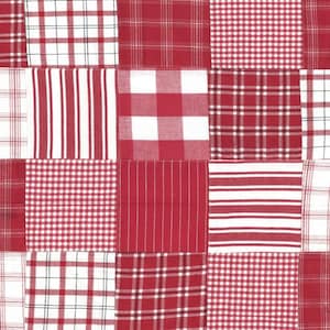 May include: A patchwork fabric with a variety of red and white plaid patterns. The fabric is made up of 16 squares, each with a different pattern.