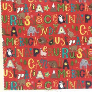 Red Letter Hello World by Abi Hall designs for Moda fabrics, Red background with letters and animals 35302 14 Sold in HALF yard increments