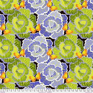 May include: A repeating pattern featuring large, stylized flowers in shades of green, blue, and purple, with yellow butterflies scattered throughout. The flowers have detailed petal designs, and the butterflies add a touch of whimsy to the floral theme.