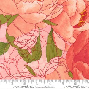 May include: Close-up of a fabric with a floral pattern. The design features large, overlapping peony blooms in shades of peach and coral, with green leaves and red outlines. The background is a soft pink. The fabric is marked with a ruler in inches.