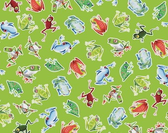 May include: A repeating pattern of colorful cartoon frogs in various poses on a bright green background. The frogs are in shades of red, green, blue, and white, creating a playful and vibrant design.