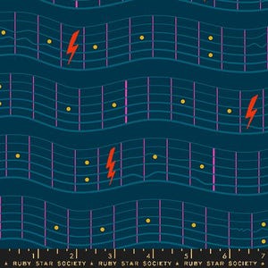 May include: A teal blue fabric with a repeating pattern of wavy lines, a grid, yellow dots, and red lightning bolts. The fabric has a black ruler with the numbers 1, 2, 3, 4, 5, 6, and 7 printed on it. The text "RUBY STAR SOCIETY" is printed on the ruler.