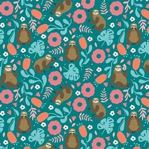 May include: Teal background with a repeating pattern of brown sloths, pink and white flowers, and green leaves.