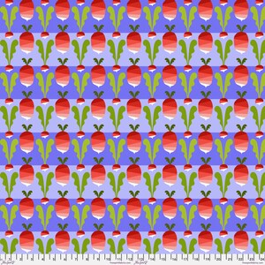 May include: A repeating pattern of stylized red radishes with green leaves and stems on a light purple striped background. The radishes are arranged in neat rows and columns, creating a symmetrical design.