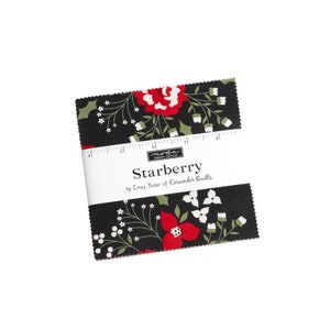 May include: A stack of fabric squares with a floral pattern. The fabric is black with red flowers, white accents, and green leaves. The label reads "Starberry" by Corey Yoder of Coriander Quilts.