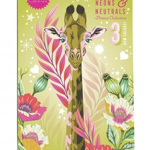 May include: Aurifil thread collection packaging featuring a giraffe with pink and green accents, surrounded by flowers and stars. The packaging is green with the text "AURIfil NEONS & NEUTRALS Thread Collection 3 NEW COLORS!"