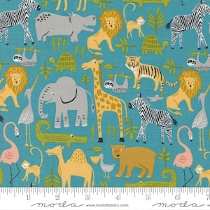 May include: A teal blue fabric with a repeating pattern of various animals including a giraffe, zebra, elephant, lion, tiger, flamingo, and a sloth. The fabric also features a turtle, crocodile, and a monkey.