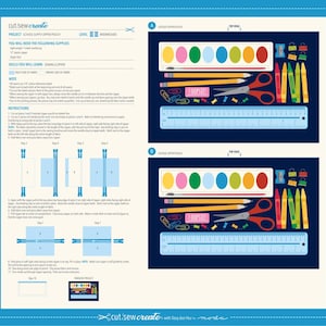 May include: A colorful illustration showing the steps to make a zipper pouch. The pouch is designed to hold school supplies like crayons, pencils, scissors, and a ruler. The instructions include cutting fabric, sewing the zipper, and finishing the pouch.