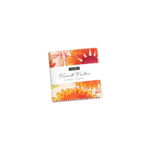 May include: A fabric square with a floral print featuring orange and red flowers on a cream background. The fabric is labeled "Forest Frolic by Robin Pickens".