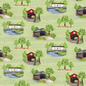 Covered Bridges in Spring Barn Main Green by Tara Reed for Riley Blake Designs, C15820-GREEN Sold in HALF yard increments