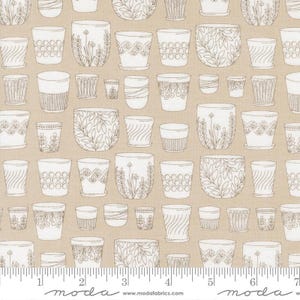 May include: Tan fabric with a repeating pattern of white line-drawn flower pots of various sizes and designs. The pots have decorative patterns and sit on saucers. The word "moda" is printed at the bottom with a ruler.