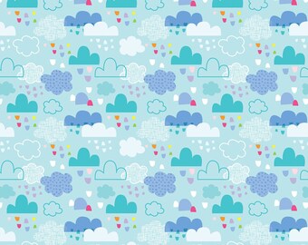May include: A seamless pattern featuring a variety of blue, turquoise, and white clouds with different textures and patterns on a light blue background. The clouds are decorated with colorful polka dots, stripes, and other designs.