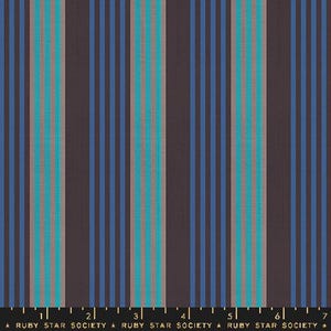 May include: A dark brown fabric with vertical stripes in shades of blue and teal. The fabric has a subtle texture and a repeating pattern.