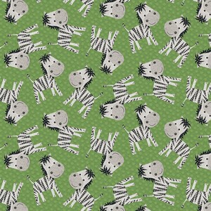 At the Zoo Tossed Zebra Green by Nicola Mason for Studio E 6607-69 This Fabric is sold in HALF Yard increments
