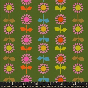May include: A repeating pattern of stylized flowers in pink, yellow, and orange on a dark green background. The flowers are arranged in vertical rows with bow-shaped accents. The text "RUBY STAR SOCIETY" is at the bottom.