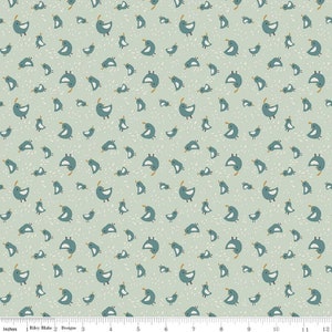 May include: A light blue fabric with a repeating pattern of teal blue birds with yellow beaks and white spots. The background is a light green color.
