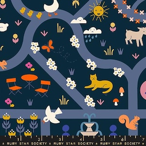 May include: A dark blue fabric with a whimsical pattern of animals, plants, and objects. The pattern includes a cat, a squirrel, a bird, a duck, a sun, a cloud, a butterfly, a fountain, and a crown. The fabric is perfect for quilting, sewing, and crafting.