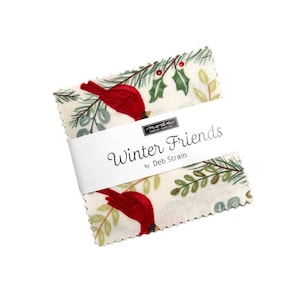 May include: A stack of fabric squares with a winter theme. The fabric features a pattern of red cardinals, green leaves, and berries on a cream background. A white band with the text "Winter Friends" wraps around the squares.