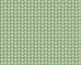 May include: A green fabric with a repeating pattern of white, blue, and yellow flowers. The fabric is a quilting cotton and is perfect for crafting projects.