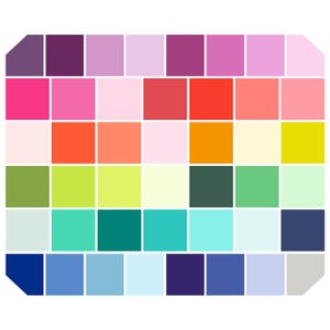 May include: A color palette featuring a grid of 48 squares, each filled with a different shade. The colors range from deep purple to light blue, including pinks, oranges, greens, and yellows. The arrangement is a visual guide for color selection.