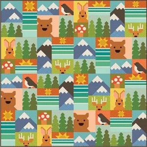 May include: A quilt featuring a repeating grid pattern of forest-themed illustrations. The design includes brown bears, rabbits, deer, birds, mushrooms, suns, evergreen trees, and blue mountains in a palette of orange, teal, green, and brown.