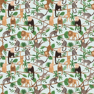 Ticket to the Zoo Monkeys Light Turquoise by Rebecca Jones for Clothworks Y3530 100 Sold in HALF yard increments