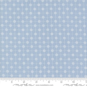 May include: A light blue fabric with a white repeating pattern of small circles. The fabric is measured in inches with the text "moda" printed on the ruler.