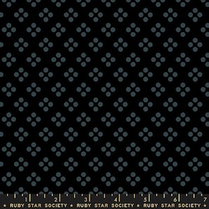 May include: Black fabric with a repeating pattern of small, light blue circles arranged in a diamond shape.