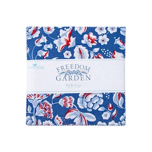 May include: A blue fabric square with a red, white, and blue floral pattern. The fabric is labeled "Freedom Garden" by My Mind's Eye.