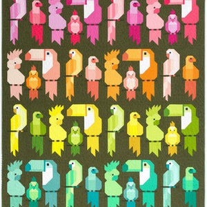 May include: A colorful pattern of parrots and toucans in various shades of pink, orange, yellow, green, and blue. The birds are arranged in rows and are all facing the same direction. The background is a dark green.