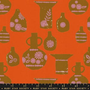 May include: Orange fabric with a repeating pattern of brown vases and pink floral designs. The vases vary in shape and size, some with handles and others with decorative rims. The text "RUBY STAR SOCIETY" is at the bottom.