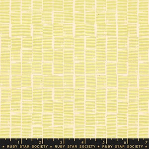 May include: A yellow and white geometric pattern fabric with a subtle textured look. The fabric has a repeating pattern of thin, horizontal lines that create a grid-like effect. The fabric is made by Ruby Star Society.