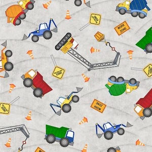 May include: A seamless pattern featuring various construction vehicles on a gray background. The vehicles include a yellow cement mixer, a blue excavator, a green dump truck, a yellow crane, and a red dump truck. The pattern also includes yellow and orange traffic cones and signs that read "Under Construction" and "Work Zone".