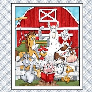 May include: A colorful farm-themed fabric panel featuring cartoon animals. The central image shows a red barn with a variety of animals, including a horse, llama, cow, and pig. Additional smaller panels display individual animals like a sheep and a duck.