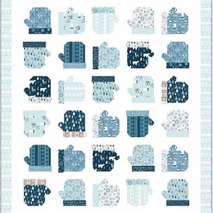 May include: A winter-themed quilt featuring a repeating pattern of mittens in various shades of blue and white. Each mitten showcases unique designs, including snowflakes, trees, and animal silhouettes. The quilt has a light blue border.