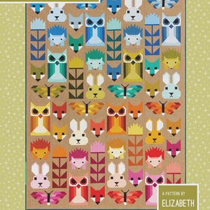 May include: A quilt with a brown background featuring geometric animal designs, including owls, foxes, rabbits, and butterflies. The quilt has the text "FANCY FOREST" at the top and the dimensions 67" x 91" and 35" x 47". The pattern is by Elizabeth Hartman.