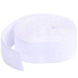 May include: A white roll of elastic trim with a single stitch down the center.