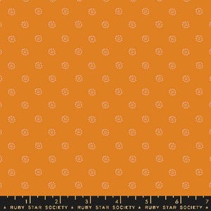 May include: A seamless fabric pattern featuring a repeating design of small white circles with a radiating pattern on a solid orange background.