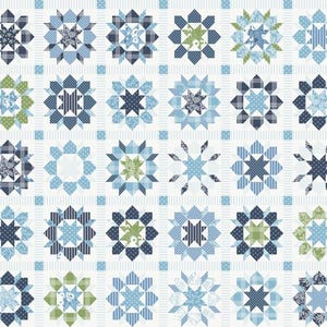 May include: A patchwork quilt featuring a repeating pattern of star and floral designs in shades of blue, green, and white. The quilt blocks are arranged in a grid, with various patterns like stripes, polka dots, and plaid. The overall design is a mix of geometric and floral elements.