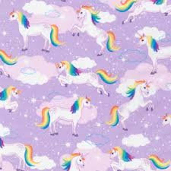 11" End of Bolt Lavender Enchanted Unicorns for Robert Kaufman, purple unicorn and multicolor rainbows SRKDG-19047-23 LAVENDER.