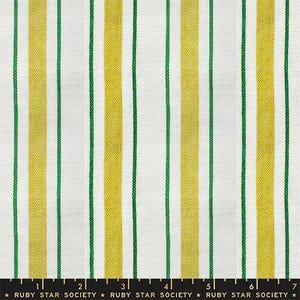 May include: Fabric with vertical stripes in white, yellow, and green. The yellow stripes are wider than the green stripes. The fabric has a textured appearance. The text "RUBY STAR SOCIETY" is at the bottom.