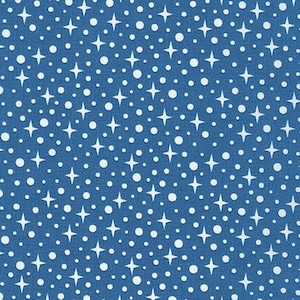 May include: A seamless pattern featuring white stars and white circles on a blue background.