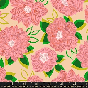 May include: A seamless fabric pattern featuring pink and green floral designs on a peach background. The flowers are stylized and have a line-drawn look. The fabric is perfect for quilting, apparel, and home decor projects.