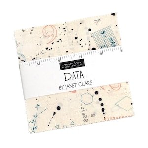 May include: A stack of square fabric pieces with a cream background, featuring black ink splatters, blue grid patterns, and mathematical symbols. A white paper band wraps around the center, labeled "DATA BY JANET CLARE" and "moda FABRICS + SUPPLIES", with a ruler showing 5 to 9 inches.
