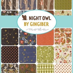 May include: A collection of fabric swatches with various patterns. Designs include owls in trees, floral arrangements, constellations, butterflies, and geometric shapes. The text "NIGHT OWL BY GINGERBER MODA" is displayed in the center.